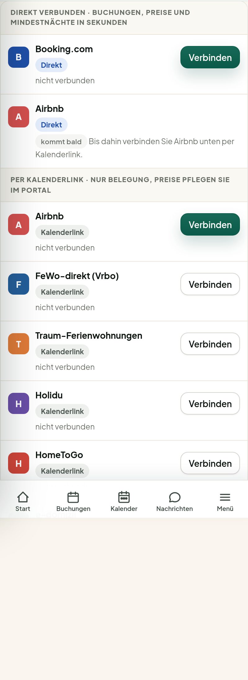 Die Seite Kanäle verbinden mit der Zeile Booking.com direkt