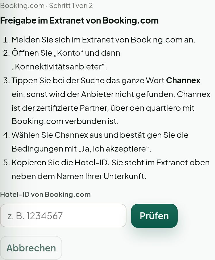 Schritt 1 in quartiero mit dem Feld für die Hotel-ID
