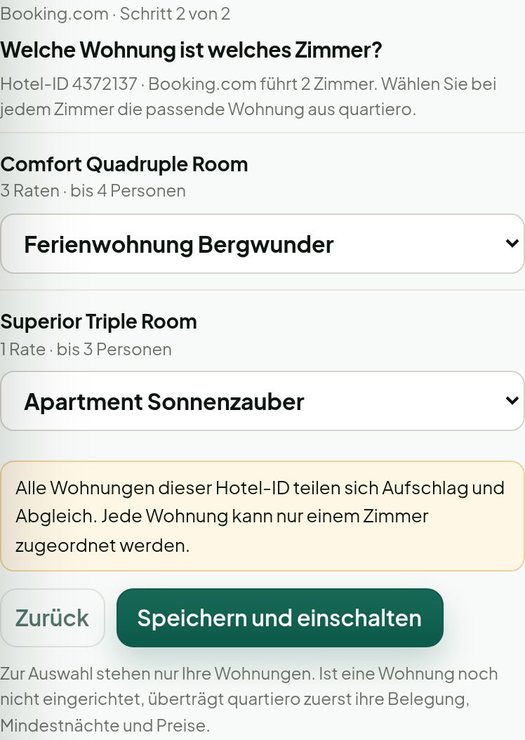Auswahlliste je Zimmer mit Bergwunder und Sonnenzauber
