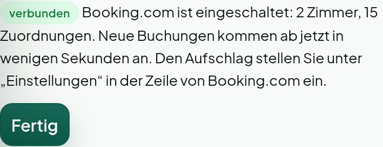 Meldung verbunden, Booking.com ist eingeschaltet