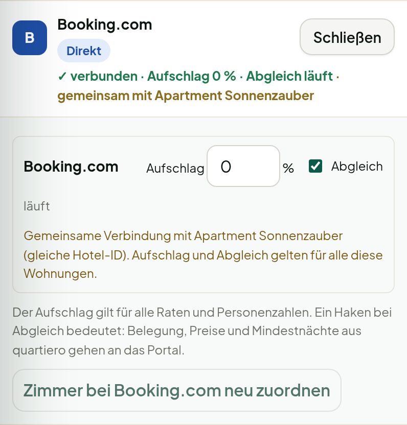 Einstellungen mit Aufschlag, Abgleich und dem Hinweis auf die gemeinsame Verbindung