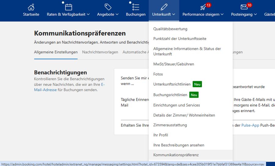 Menü Unterkunft mit Kommunikationspräferenz